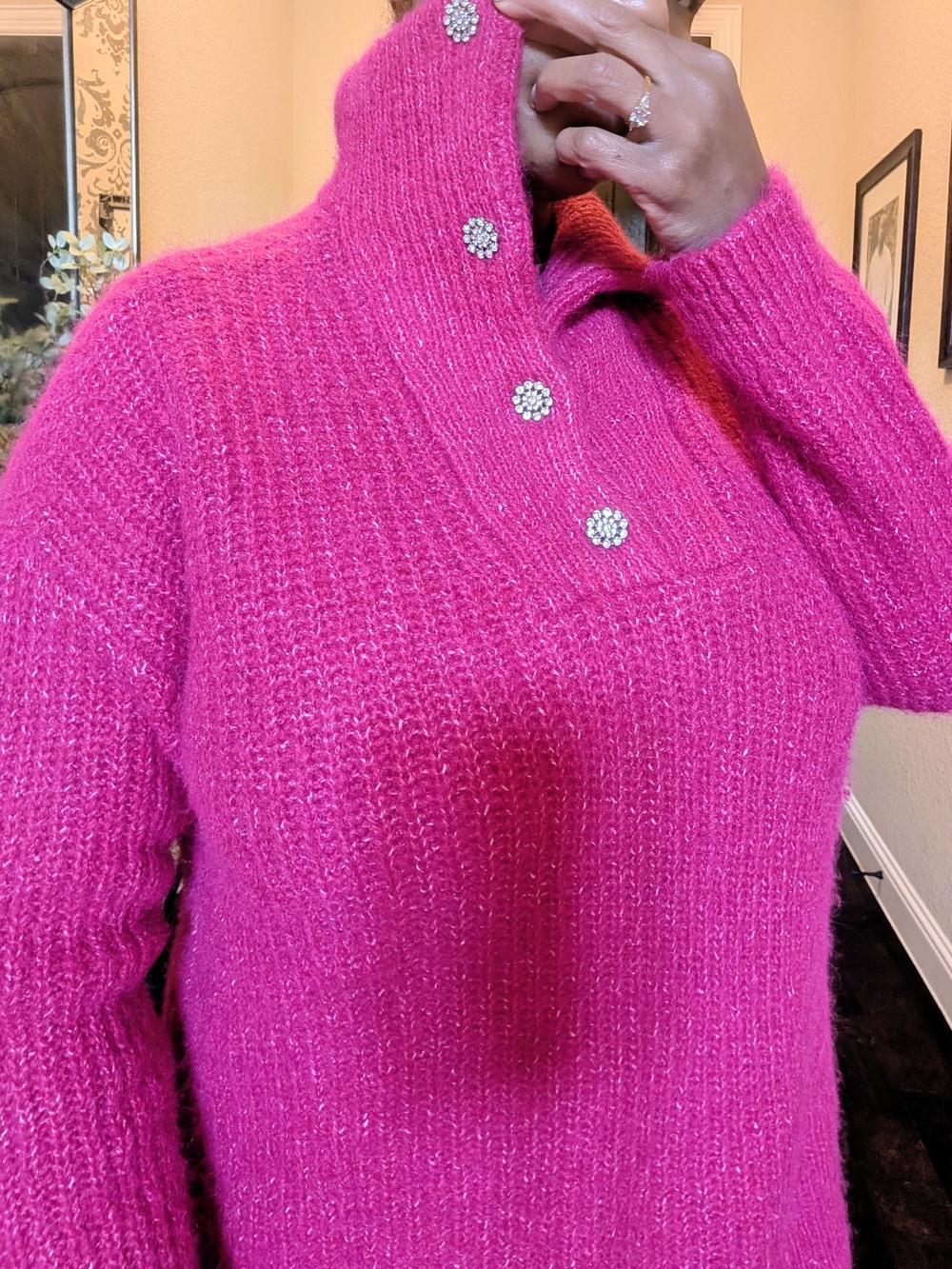 Express Hot Pink Cowl Neck Sweater with Jeweled Buttons
